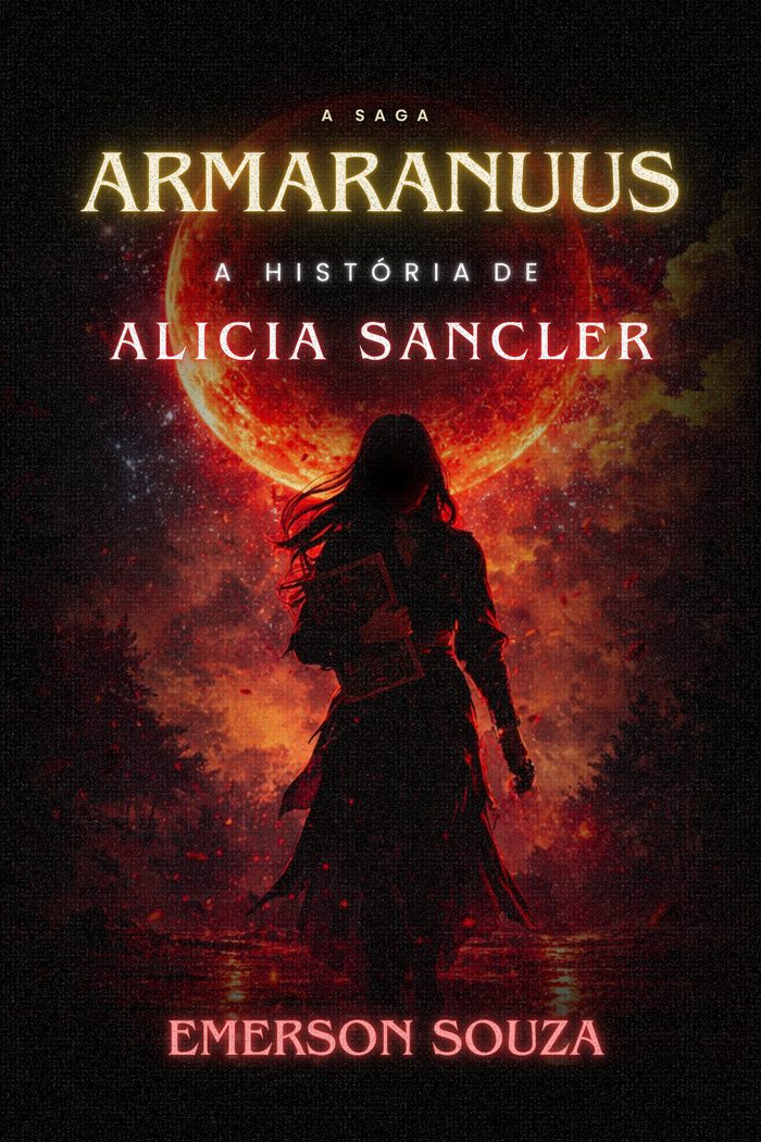 Capa de A História de Alicia Sancler, de Emerson Souza — silhueta de mulher segurando um livro diante de uma lua vermelha