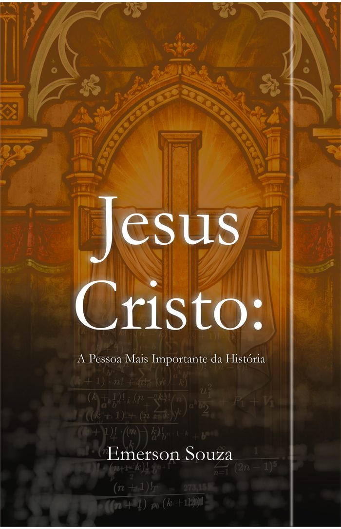Capa de Jesus Cristo: A Pessoa Mais Importante da História, de Emerson Souza — cruz iluminada diante de um arco de igreja, com equações sobrepostas em segundo plano