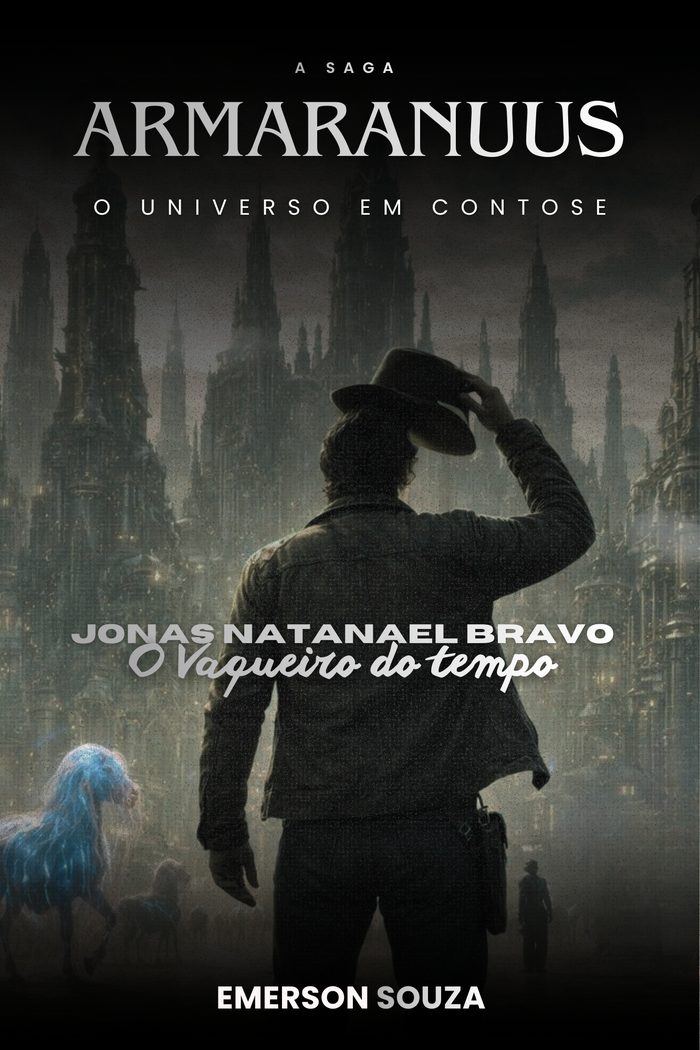 Capa de Jonas Natanael Bravo — O Vaqueiro do Tempo, de Emerson Souza — homem de chapéu de costas diante de uma cidade gótica