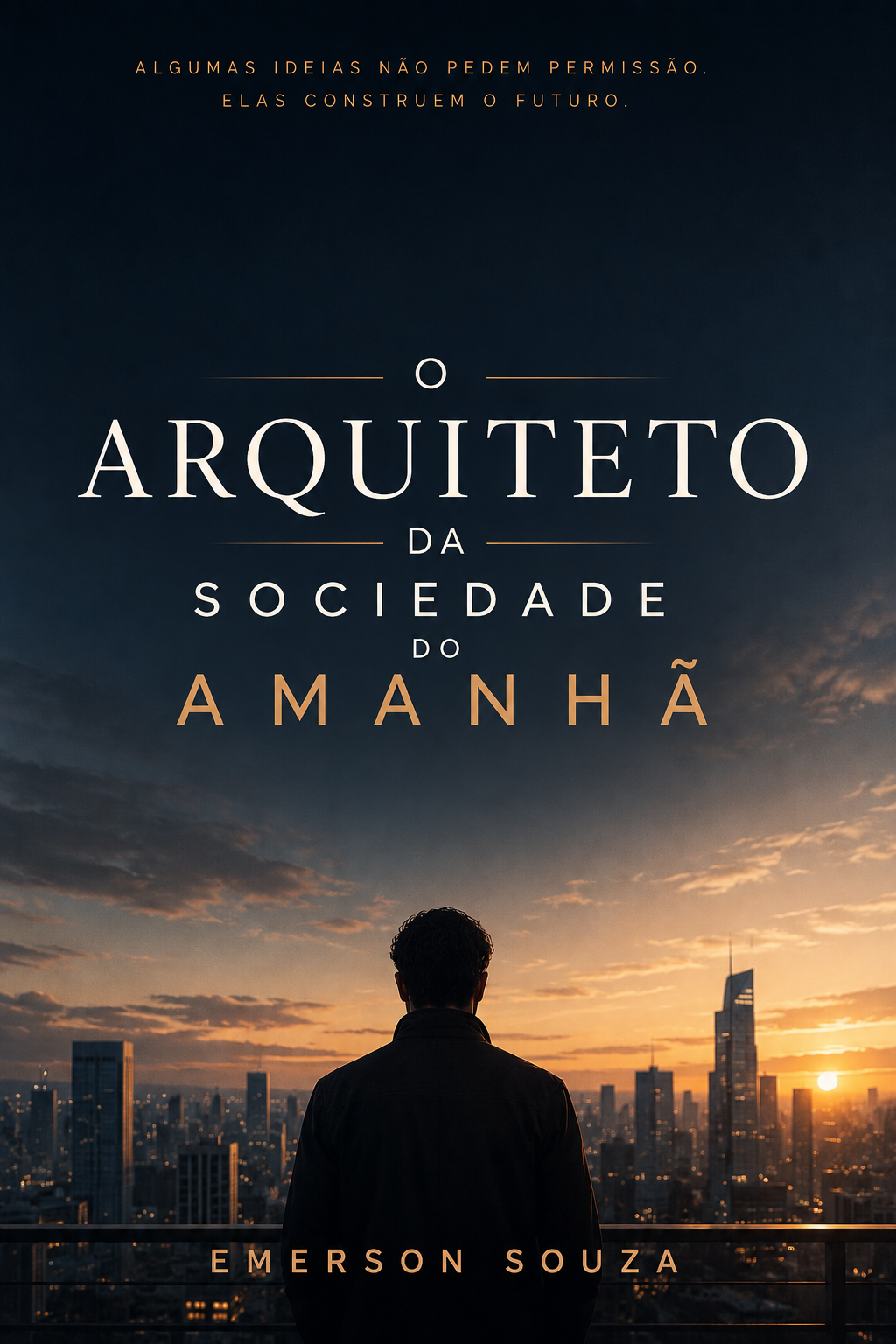 Capa de O Arquiteto da Sociedade do Amanhã, de Emerson Souza — homem observando o horizonte de uma cidade ao pôr do sol